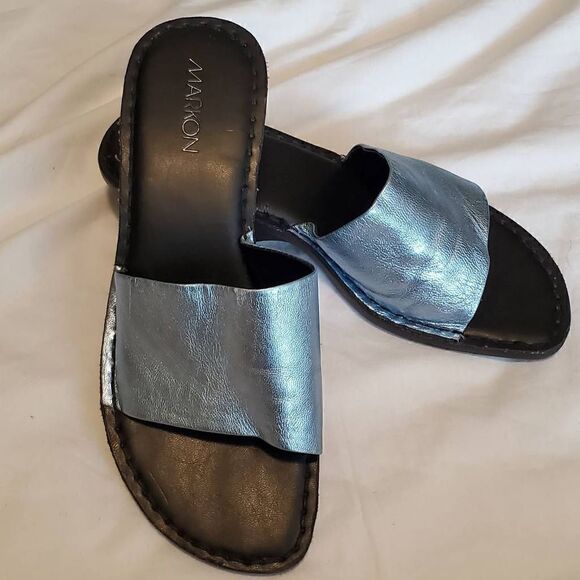 Markon Retro Blue Metallic Mule Wedge Size 9 - Picture 9 of 11